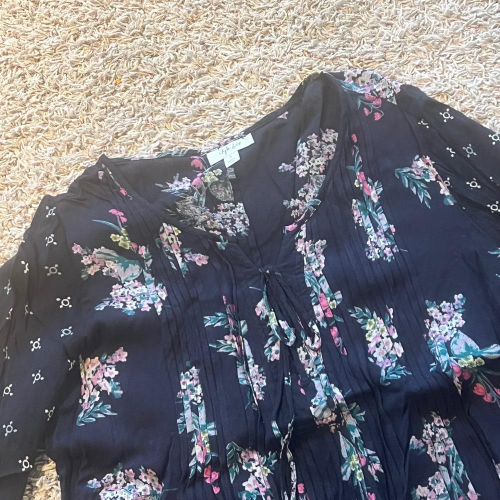 Style & Co Navy Floral Pintuck Peasant Blouse Long Sleeve Boho Top Womens Medium